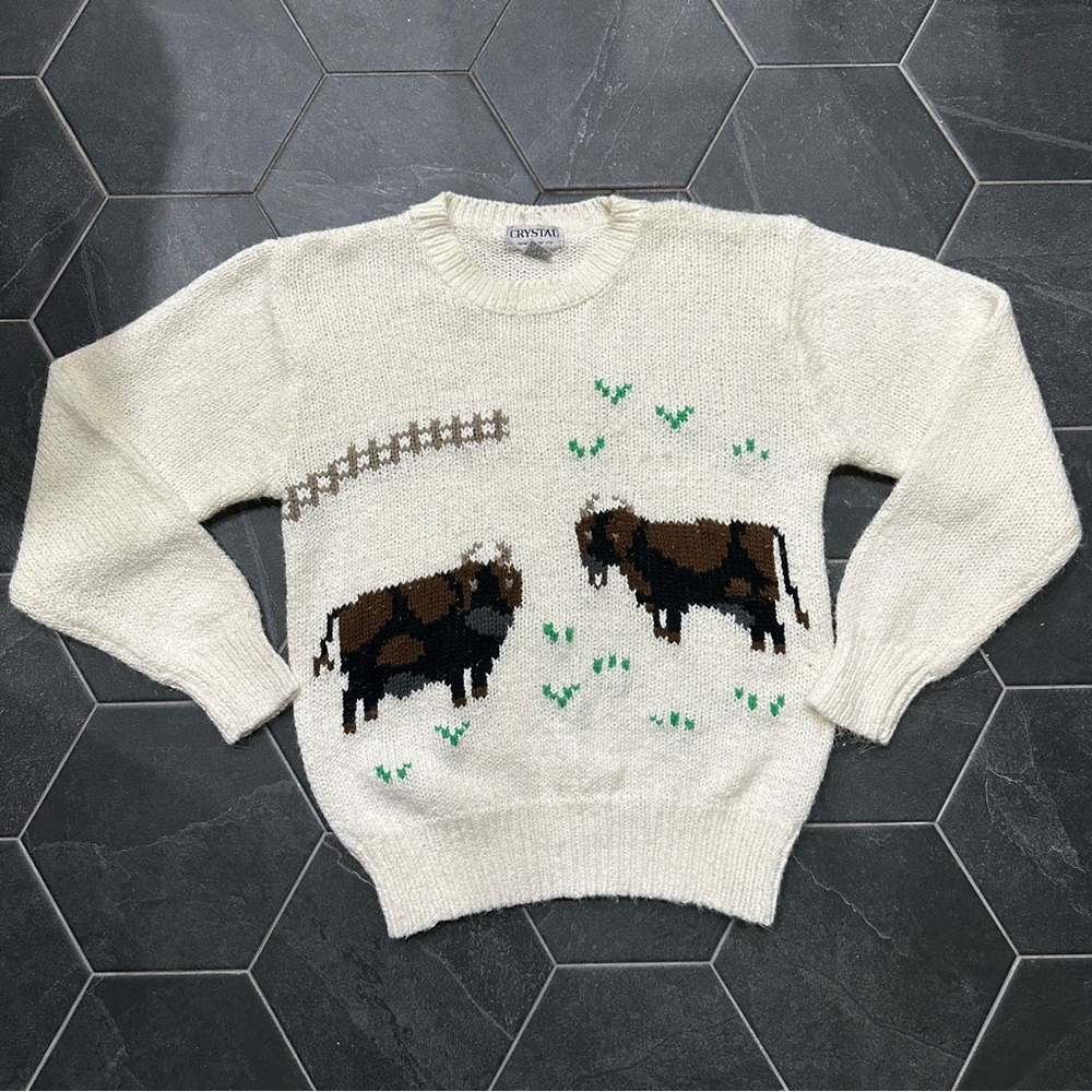 VTG 70s 80s Cream Cow Bison Knit Crewneck Sweater